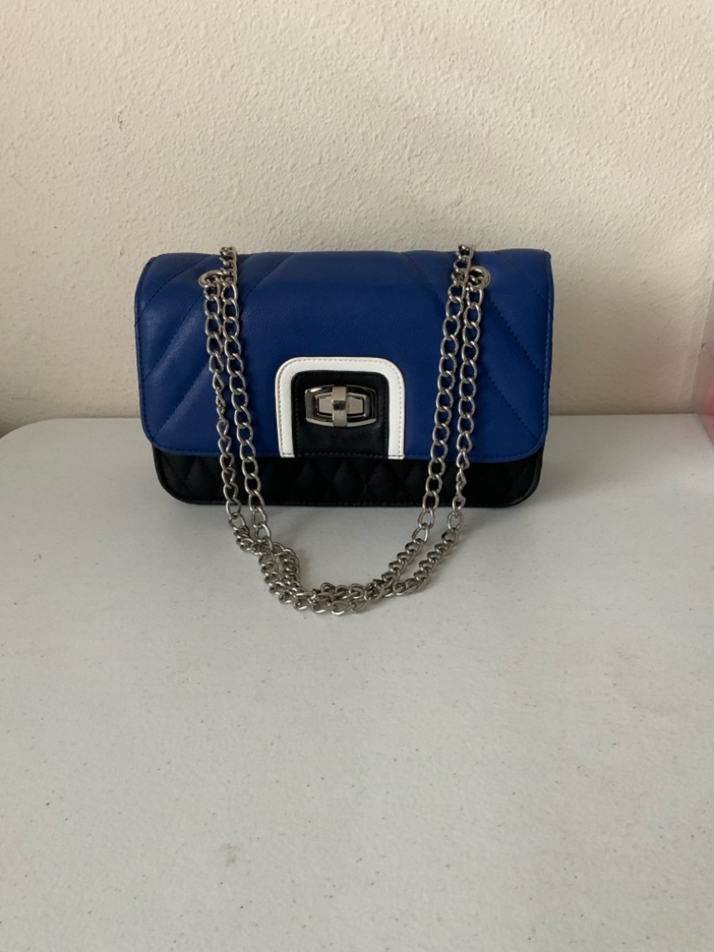 Express Blue and Black Quilted Chain Crossbody Bag with White Trim